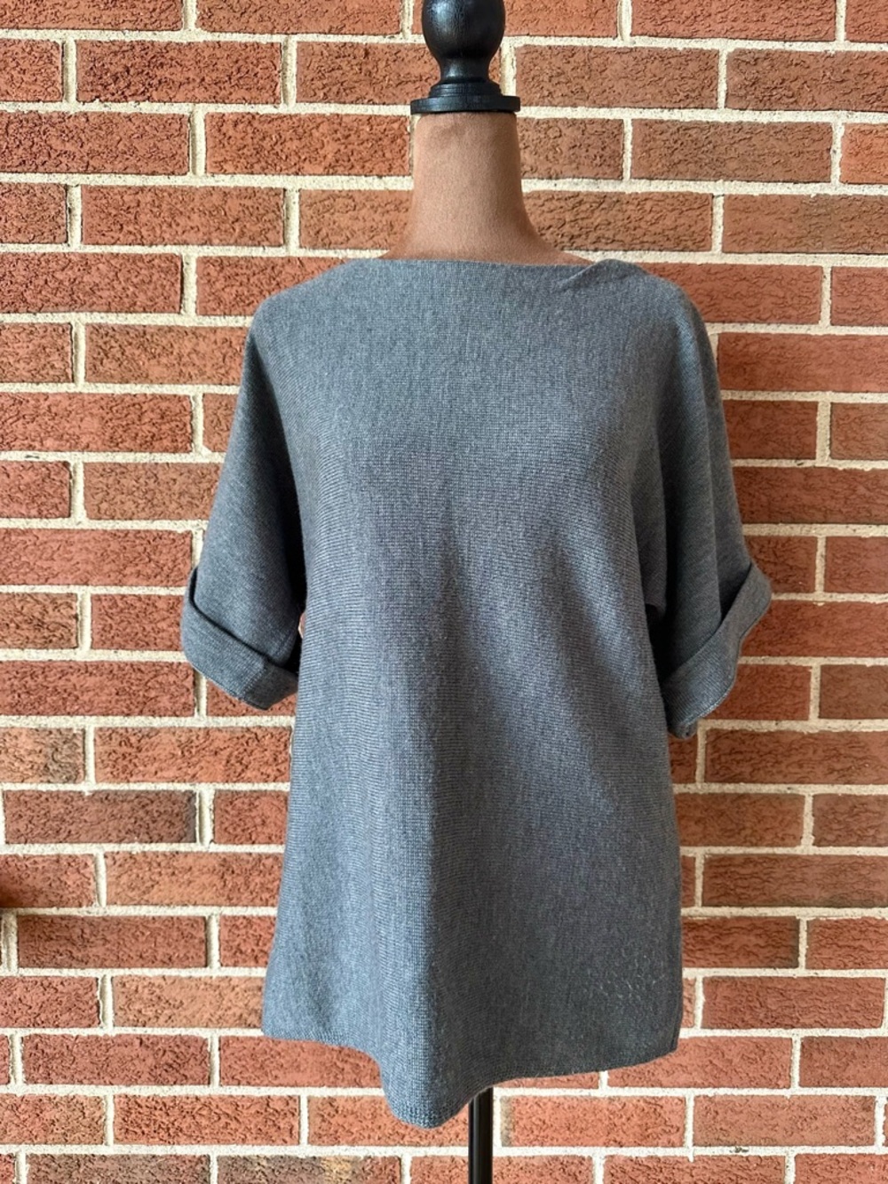 Eileen Fisher Knit Pullover Sweater Gray Merino Wool Short Sleeve, Size XS
